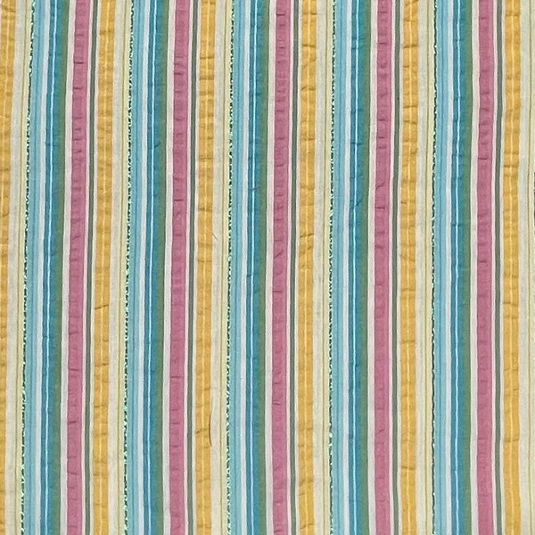 Blue, Green, Yellow and Pink Striped Seersucker Fabric, Rainbow, Metallic Thread