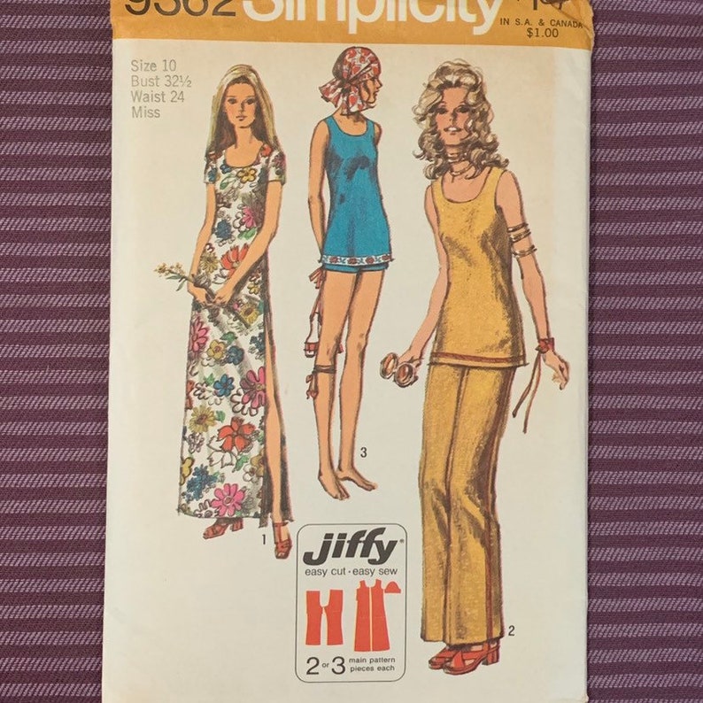 May include: A vintage sewing pattern featuring three different styles of dresses. The pattern is for a size 10, with a bust measurement of 32 1/2 inches and a waist measurement of 24 inches. The pattern is called "Jiffy" and is described as "easy cut - easy sew".
