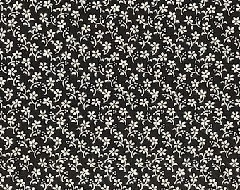 Black Cotton Calico Fabric, Floral, 1800s Reprint