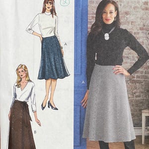May include: Butterick sewing pattern B6866 features illustrations of women's skirts and tops. The pattern includes a pleated skirt, a wrap skirt, and a fitted skirt. The size range is A5 (6-8-10-12-14).