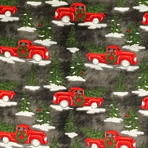Red Trucks Christmas Tree Cotton Fabric, Country, Farmhouse