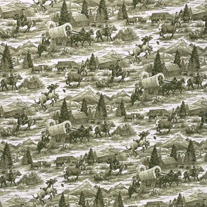 100% Cotton Green Western Toile Fabric By The Yard, Mountain, Ranch, Cowboy, Wagon Train, History