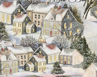 Puede incluir: Una escena de un pueblo de invierno nevado con un campanario de iglesia y casas con ventanas iluminadas. El texto "Cherish Every New Day" está escrito en cursiva en la parte superior de la imagen.