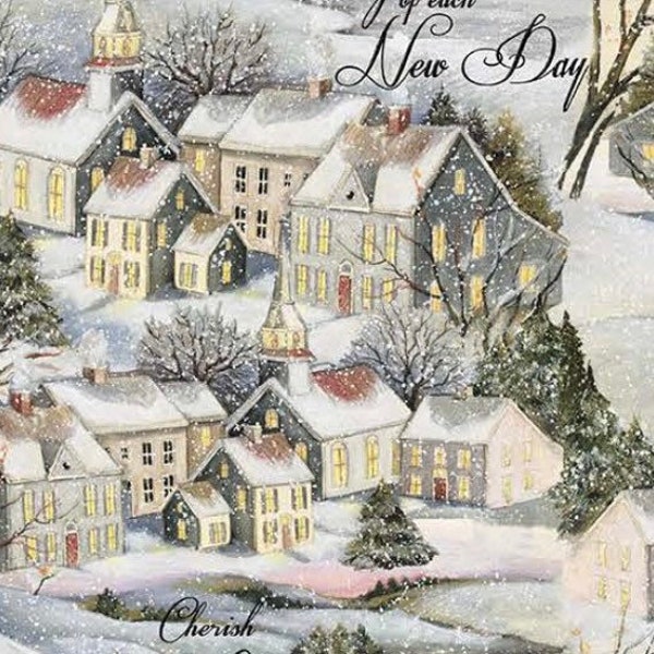 Christmas Scenery Cotton Fabric, Church, Snow, Winter Wonderland, Christmas Village