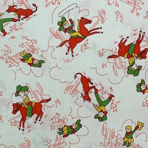 100% Cotton Childrens Cowboy Print Fabric, Cowgirl, Rodeo, Ranch, Feed Sack Reprint, Storybook Ranch
