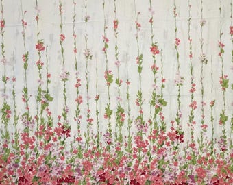 Vintage Pink and Green Floral Print Cotton Fabric, Border Print