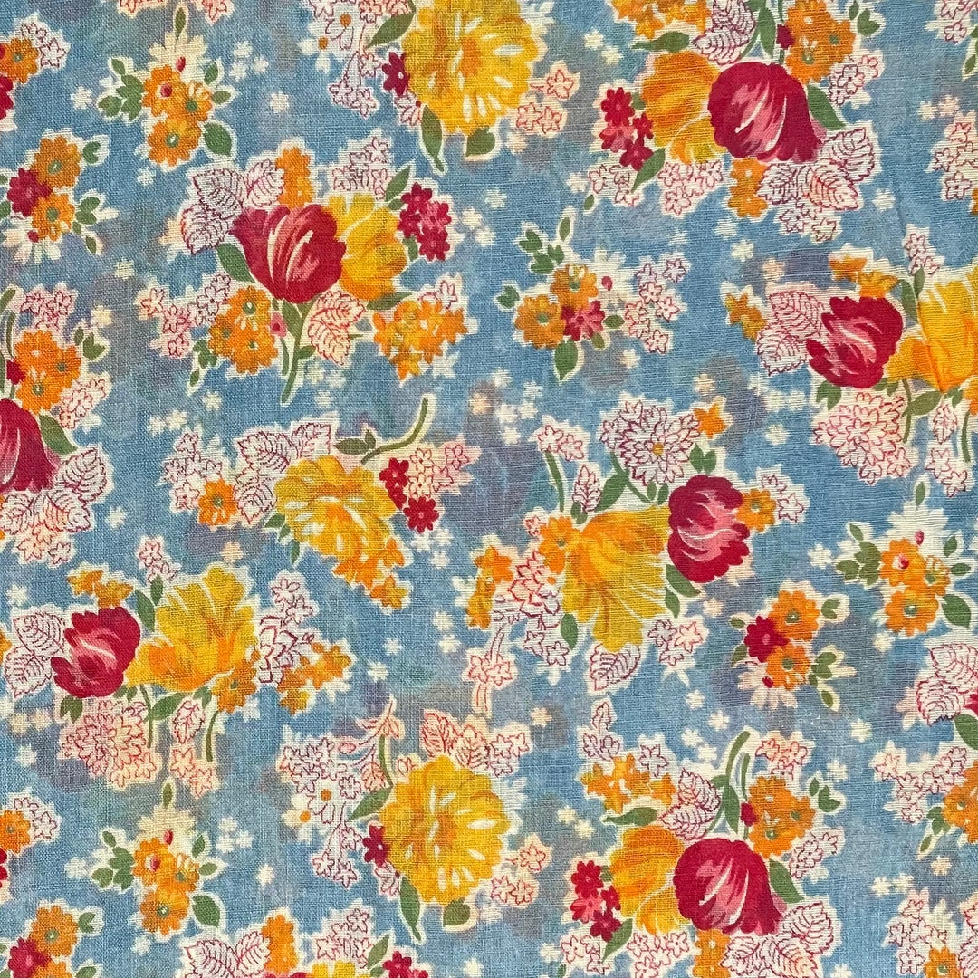 Vintage Sheer Blue, Yellow and Red Floral Cotton Fabric - Etsy