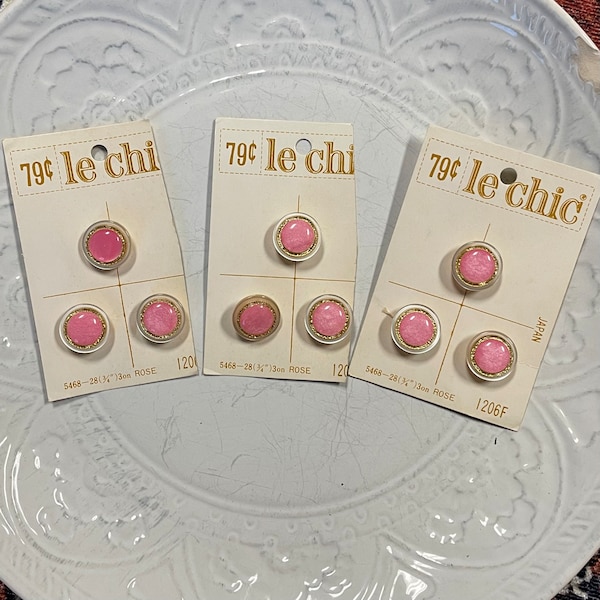 Vintage Pink, Gold and White Buttons on Original Card, Le Chic, Made in Japan