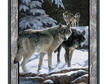 100% Cotton Winter Wildlife Panel Fabric, Digital Print, Snow, Wolf, Mountains, Trees, Wall Hanging