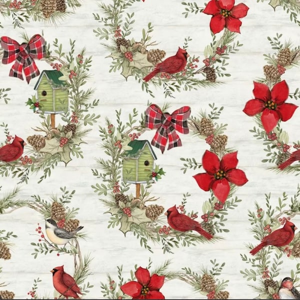 100% Cotton Red Bird Wreath Fabric, Birdhouse, Floral, Cardinal, Susan Winget,