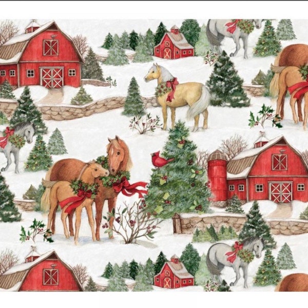 Cotton Christmas Horse Farm Fabric, Snow, Winter