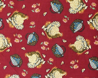 May include: Red fabric with a repeating pattern of brown chickens with yellow chicks, baskets of eggs, and small yellow flowers.