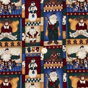 Vintage Christmas Angel, Snowman and Santa Patchwork Fabric, Cranston Print Works