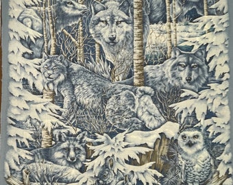 Blue Gray and White Wildlife Cotton Fabric Panel, Owl, Wolf, Bear, Elk, Mountain Lion, Rabbit, Fox