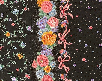 Black and Pink Floral Cotton Border Print Fabric, Peter Pan Fabrics
