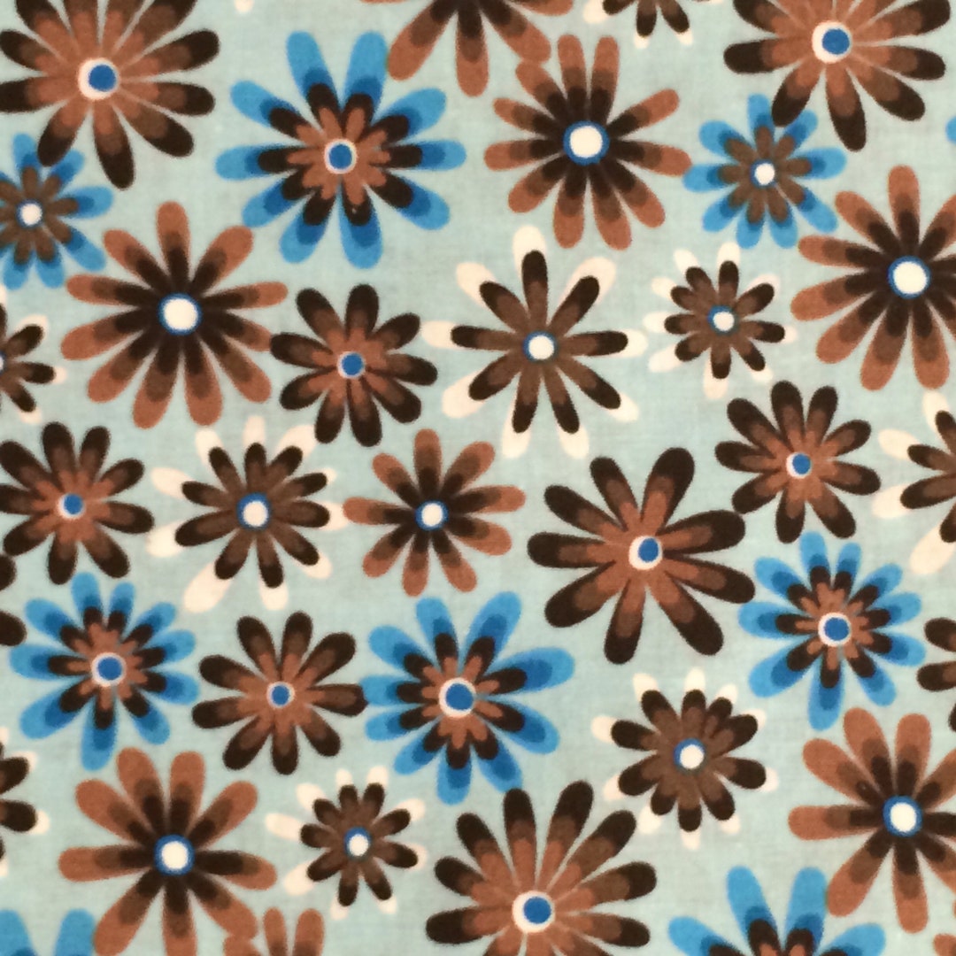 100 Cotton Blue and Brown Daisy Fabric by the Yard Flower Etsy