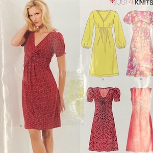 May include: A sewing pattern for four different dresses. The pattern includes a long-sleeved yellow dress, a short-sleeved floral dress, a short-sleeved red dress with a knot detail, and a sleeveless red dress with a knot detail. The pattern is called "Just4Knits".