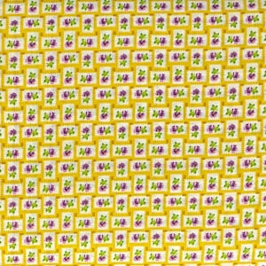 May include: A repeating pattern of small, square floral designs on a yellow background. Each square features a purple flower with green leaves on a white background, framed by a yellow border. The overall design creates a textured, grid-like appearance.