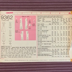 May include: A vintage sewing pattern for a dress or tunic and pants. The pattern is for Junior Petites and Misses sizes 7-16. The pattern includes instructions for making a dress or tunic with a back zipper, low round neckline, and short or long sleeves. The pattern also includes instructions for making pants with an elastic waistband. The pattern is printed on pink paper with black text and illustrations.