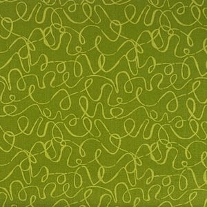 May include: Close-up of a green fabric with a repeating pattern of light green, swirling lines. The lines are reminiscent of cursive handwriting or abstract calligraphy, creating a textured, organic design. The fabric has a slightly rough, woven appearance.