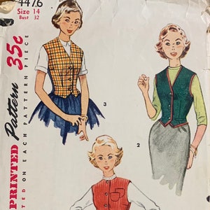 May include: Vintage sewing pattern for a vest, featuring three different styles. The pattern is printed on a white background with a red and black border. The text "Printed Pattern on Each Pattern Piece" is printed on the left side of the pattern. The text "35c" is printed in a red circle on the top left corner of the pattern. The text "Size 14 Bust 32" is printed in the top left corner of the pattern.