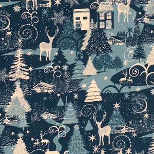 100% Cotton Blue and White Christmas Fabric, Christmas Tree, Deer, Farmhouse, Country Scene,