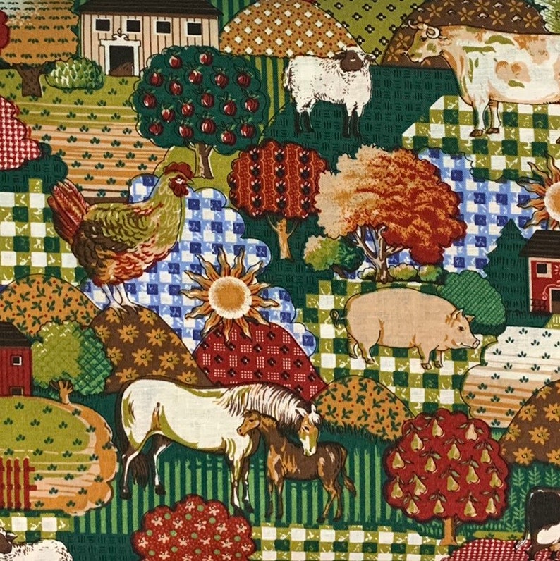 May include: A colorful fabric featuring a farm scene with a red barn, a chicken, a pig, a sheep, a cow, a horse, and a foal. The fabric has a patchwork design with green, red, blue, and brown squares.