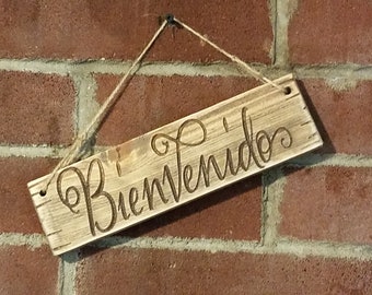 Carved Bienvenido Wood Sign FREE SHIPPING USA  Distressed Wood Welcome Entry Plaque