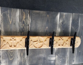 Nautical Coat Rack Cleat Hooks, Carved Anchors, Shells and Compass Star