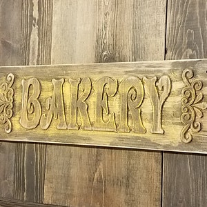 Bakery Sign Carved Wood Distressed Faded Kitchen Sign