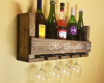 Wood wine rack wedding gift.  Engraved name and date.
