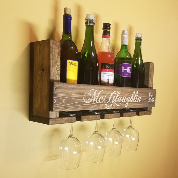 Wood wine rack wedding gift.  Engraved name and date.