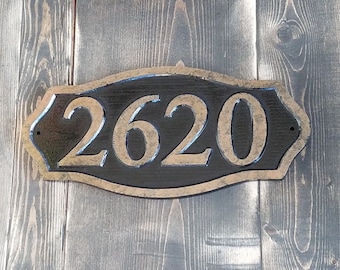 Carved Sign Address Plaque Wood, Brass Finish House Numbers