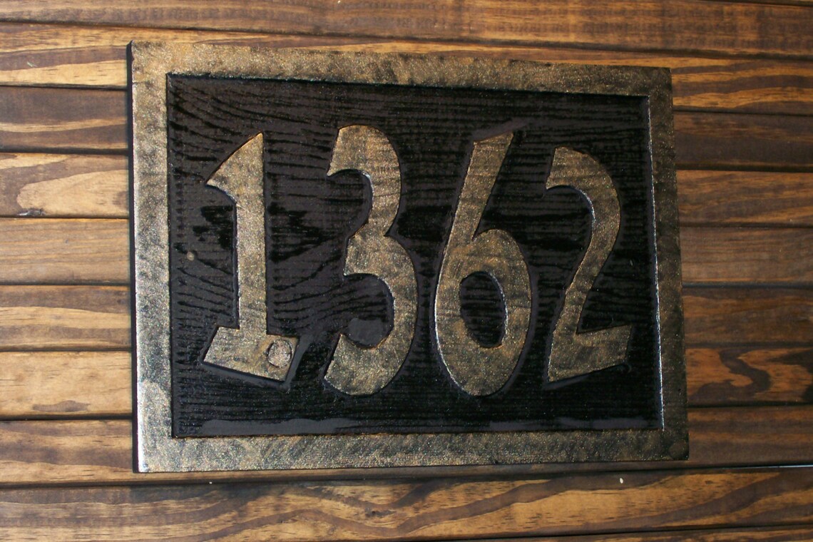 Carved Address Number Sign Brass Finished Wood Hand Painted Etsy