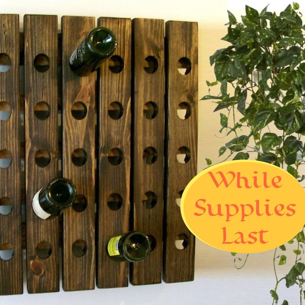 Wine riddling rack; rustic wood, wall mounted, fully loadable.  RUSH ORDER!  Walnut or Distressed Finish. 10, 15, 20, 25, or 30 Bottles