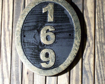 Wood Address Sign Custom Carved Oval Brass Finished Wood Hand Painted