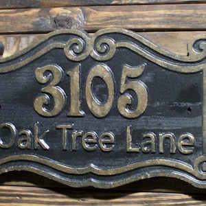 Address Sign Double Scroll Border |  Antique Brass Finished Wood