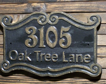 Address Sign Double Scroll Border |  Antique Brass Finished Wood