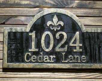 Fleur De Lis Address Sign Antique Brass Finished Wood Custom Carved