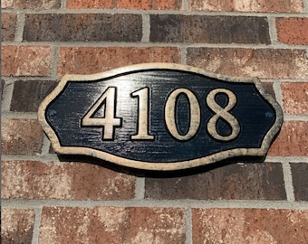 Housewarming gift address plaque carved wood. Antique Brass finished house numbers sign, custom carved