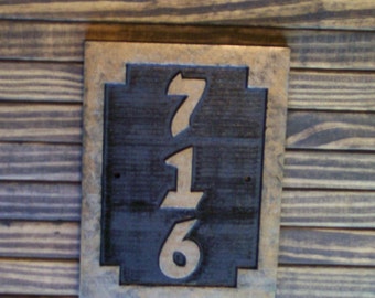 House Numbers Sign Custom Carved Address Plaque Hand Painted Brass Finished Wood