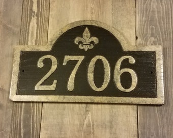 Custom Address Sign | Fleur De Lis | Antique Brass Finished | Wood Plaque