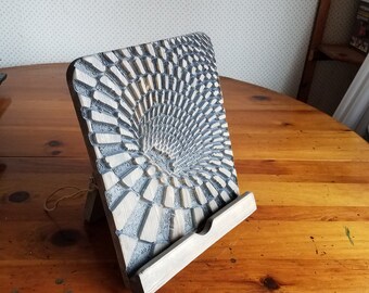 iPad Stand Optical Illusion 3-D Carved Wood Charging Dock