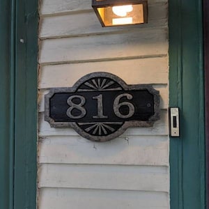 Address Sign Antique Brass Finished Double Arch Custom Carved Wood Plaque