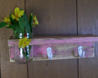 Shabby Wood Shelf Coat Hanger with Vase Lavender