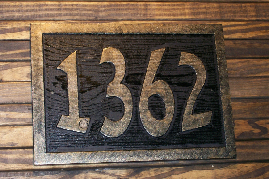 Carved Address Number Sign Brass Finished Wood Hand Painted Etsy