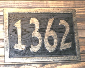 Carved Address Number Sign Brass Finished Wood Hand Painted Plaque