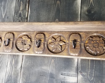 Rustic Coat Rack with Shelf Carved Wood Dark Walnut