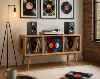 ミッドセンチュリーモダンスタイルの無垢材レコードプレーヤースタンド、ビニール収納キャビネット – ハンドメイドターンテーブルコンソール