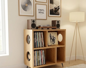 Handmade Solid Wood Record Player Stand, Mid Century Vinyl Storage Cabinet, LP Turntable Console